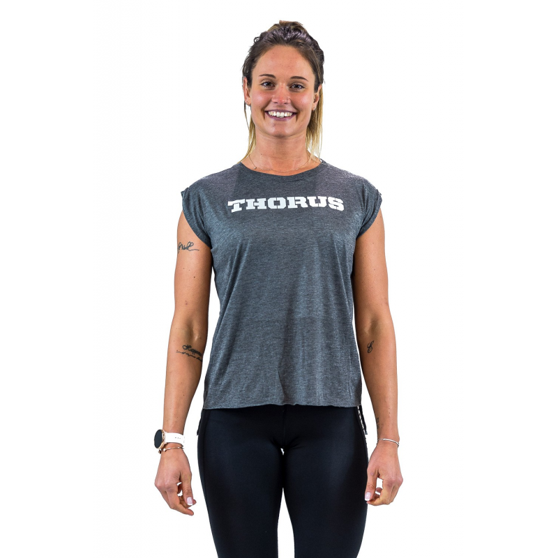 DARK GREY MUSCLE TSHIRT WOMEN WITH ROLLED